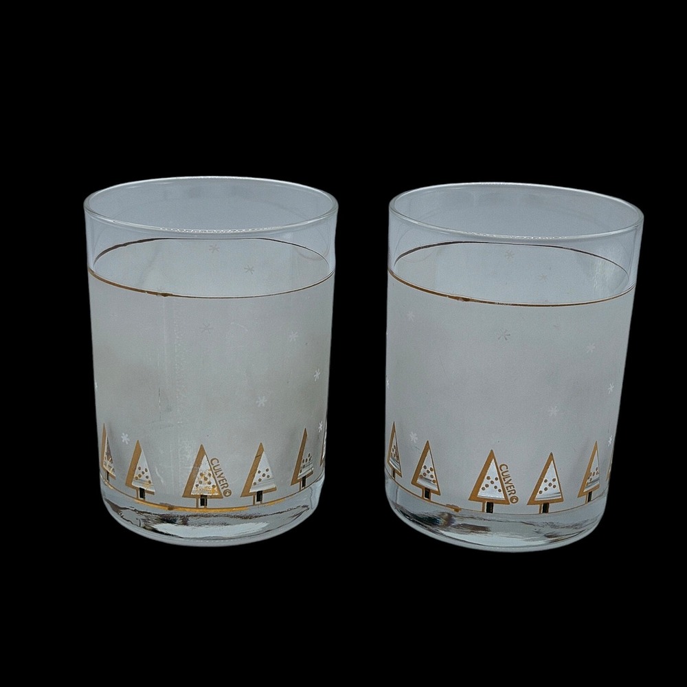 Culver Frosted Gold Christmas Glasses Tree MCM Low Lall Rocks Set of 2